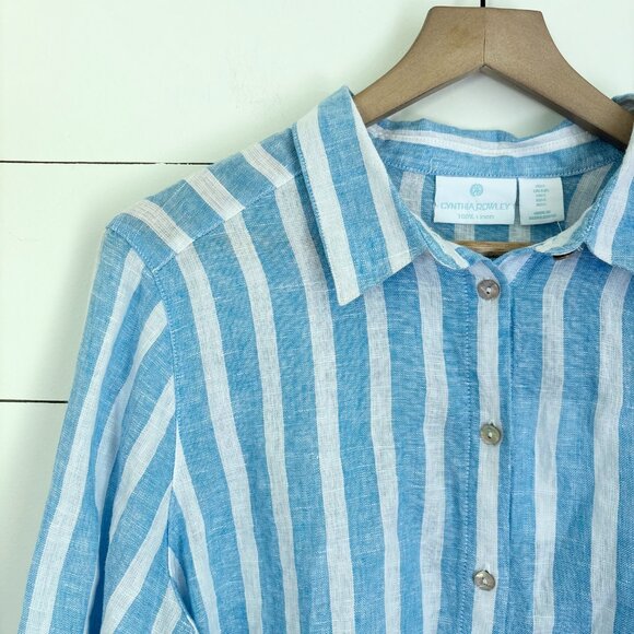 NWT Cynthia Rowley linen blue and white striped button down sz large - Picture 3 of 4
